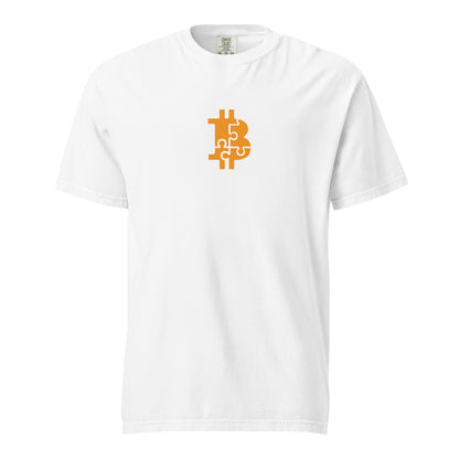 White t-shirt with Bitcoin logo on a white background