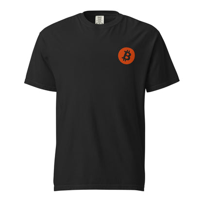 Black t-shirt with a orange Bitcoin logo on a white background
