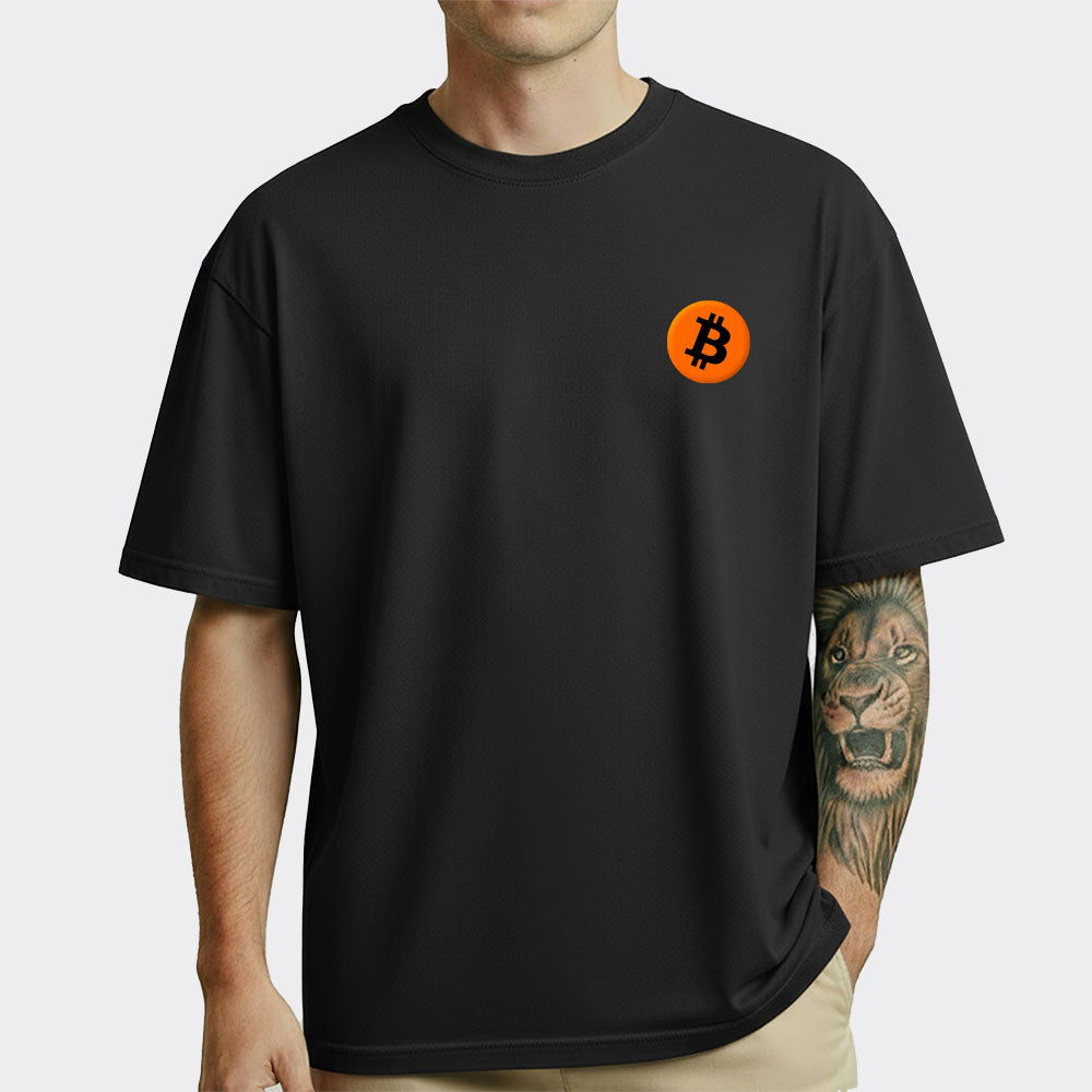 Black t-shirt with Bitcoin logo on a white background