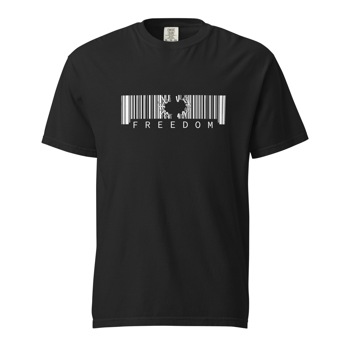 Black t-shirt with a barcode design and 'FREEDOM' text on a white background