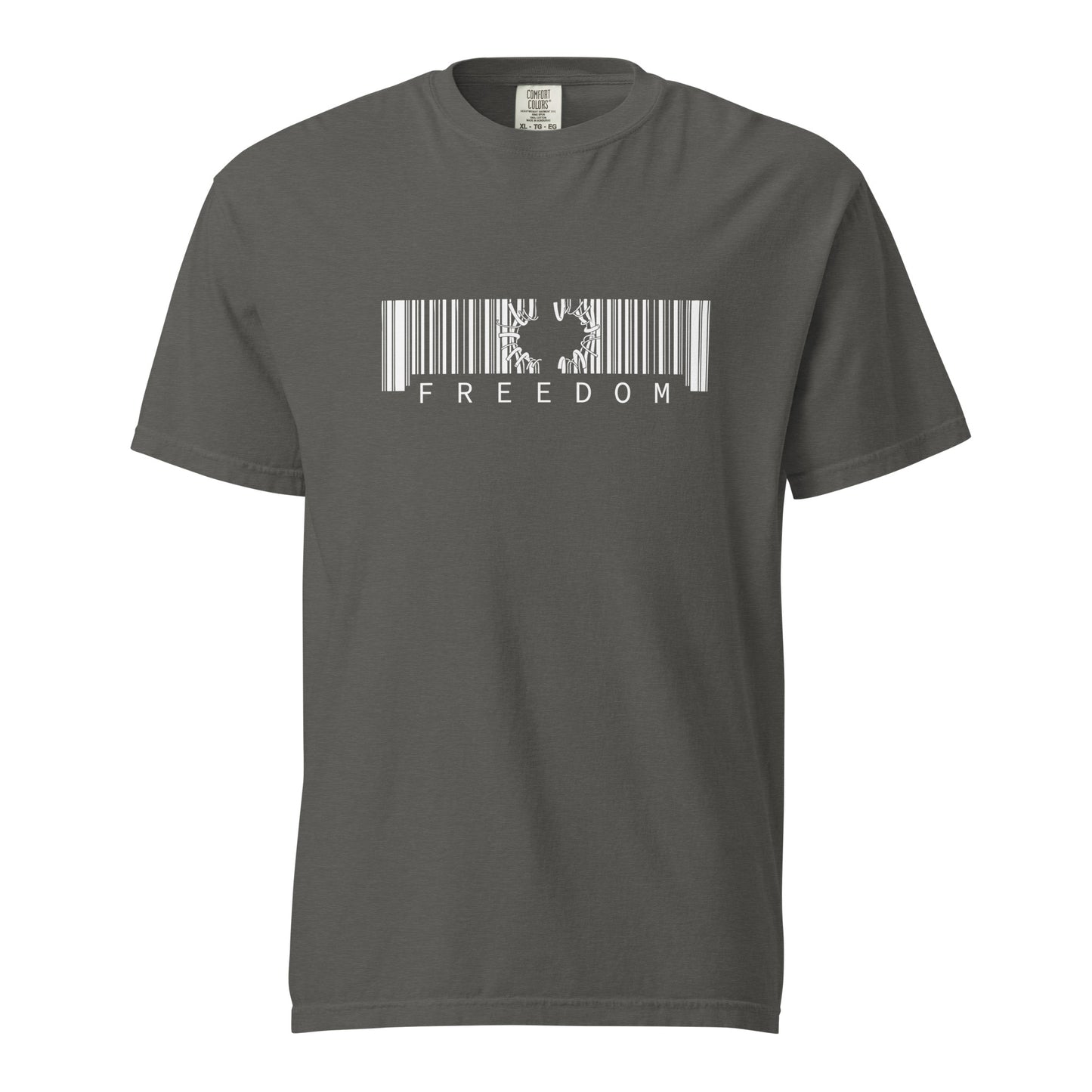 Gray t-shirt with a barcode design and 'FREEDOM' text on a white background