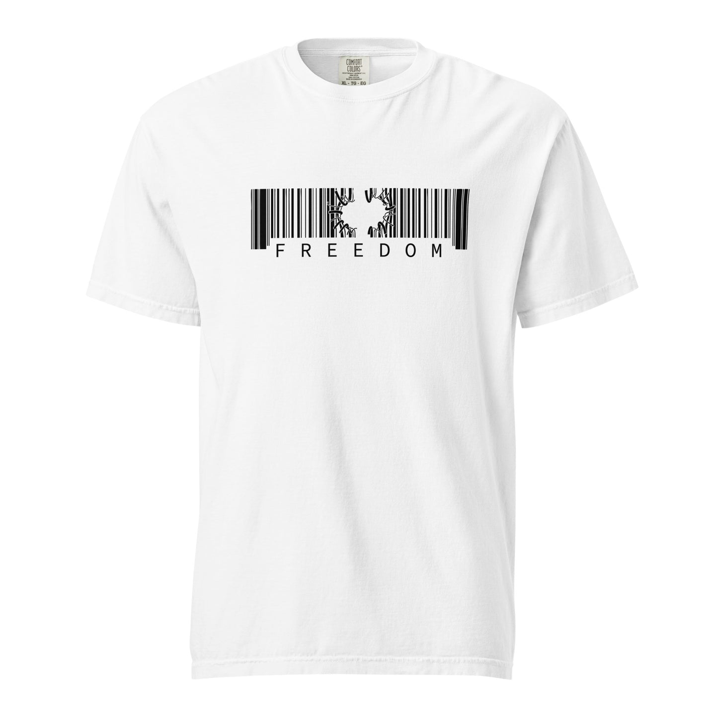 White t-shirt with a barcode design and 'FREEDOM' text on a white background
