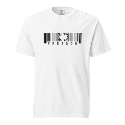 White t-shirt with a barcode design and 'FREEDOM' text on a white background