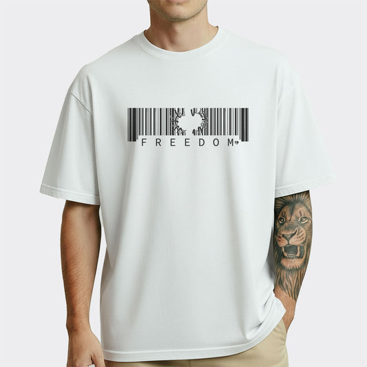 White t-shirt with barcode design and 'FREEDOM' text worn by a person.