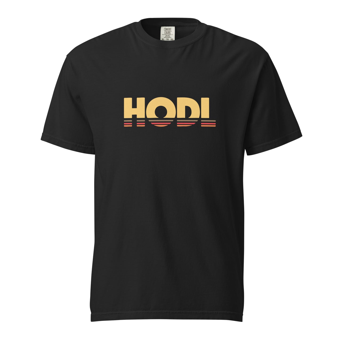 Black t-shirt with 'HODL' text on a white background