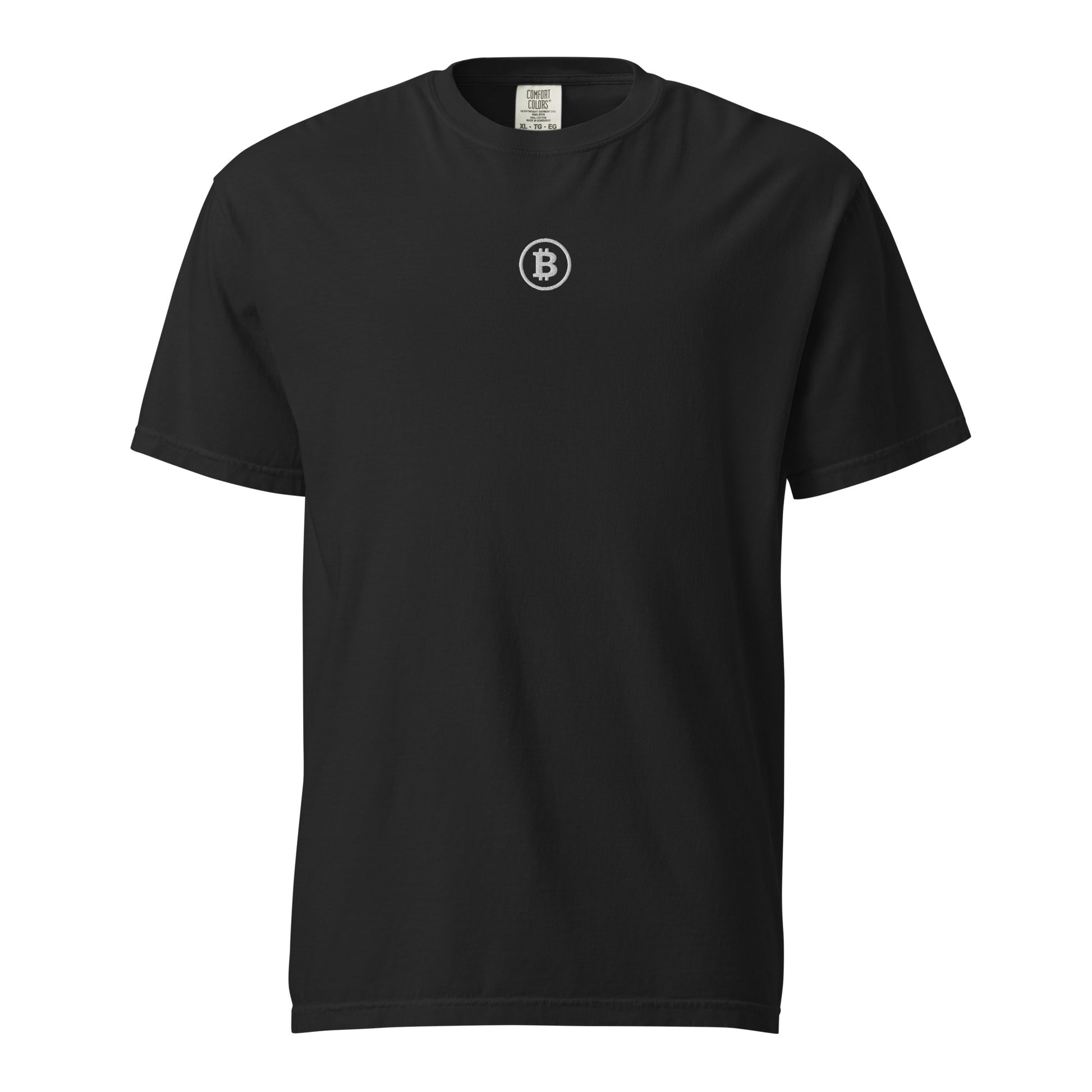 Black t-shirt with Michael Saylor Bitcoin logo on a white background
