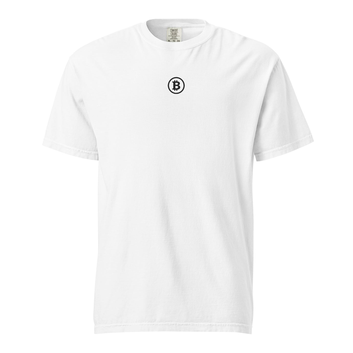White t-shirt with a michael saylor black Bitcoin symbol on a white background