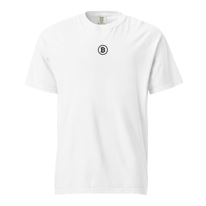 White t-shirt with a michael saylor black Bitcoin symbol on a white background