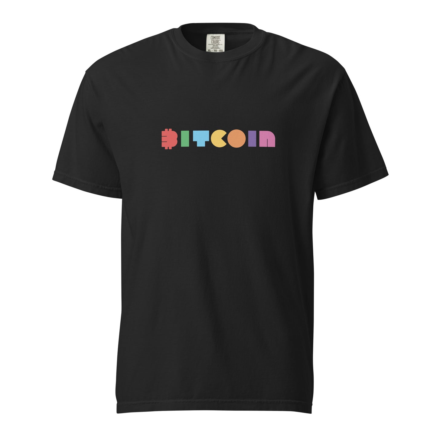 Black t-shirt with colorful 'BITCOIN' text design on a white background