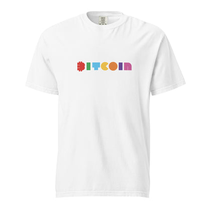 White t-shirt with colorful Bitcoin logo on a white background