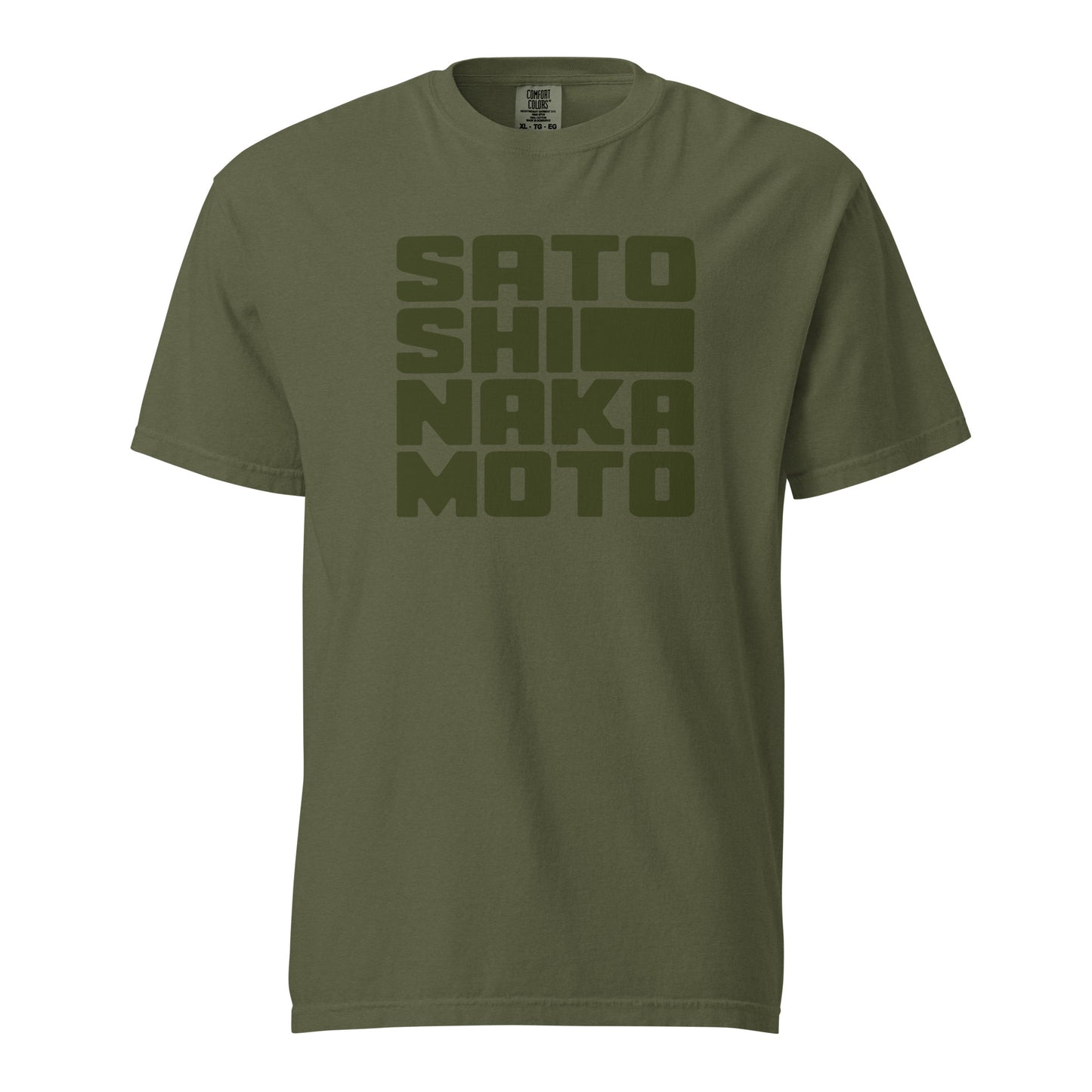 Green t-shirt with 'SATOSHI NAKA MOTO' text on a white background