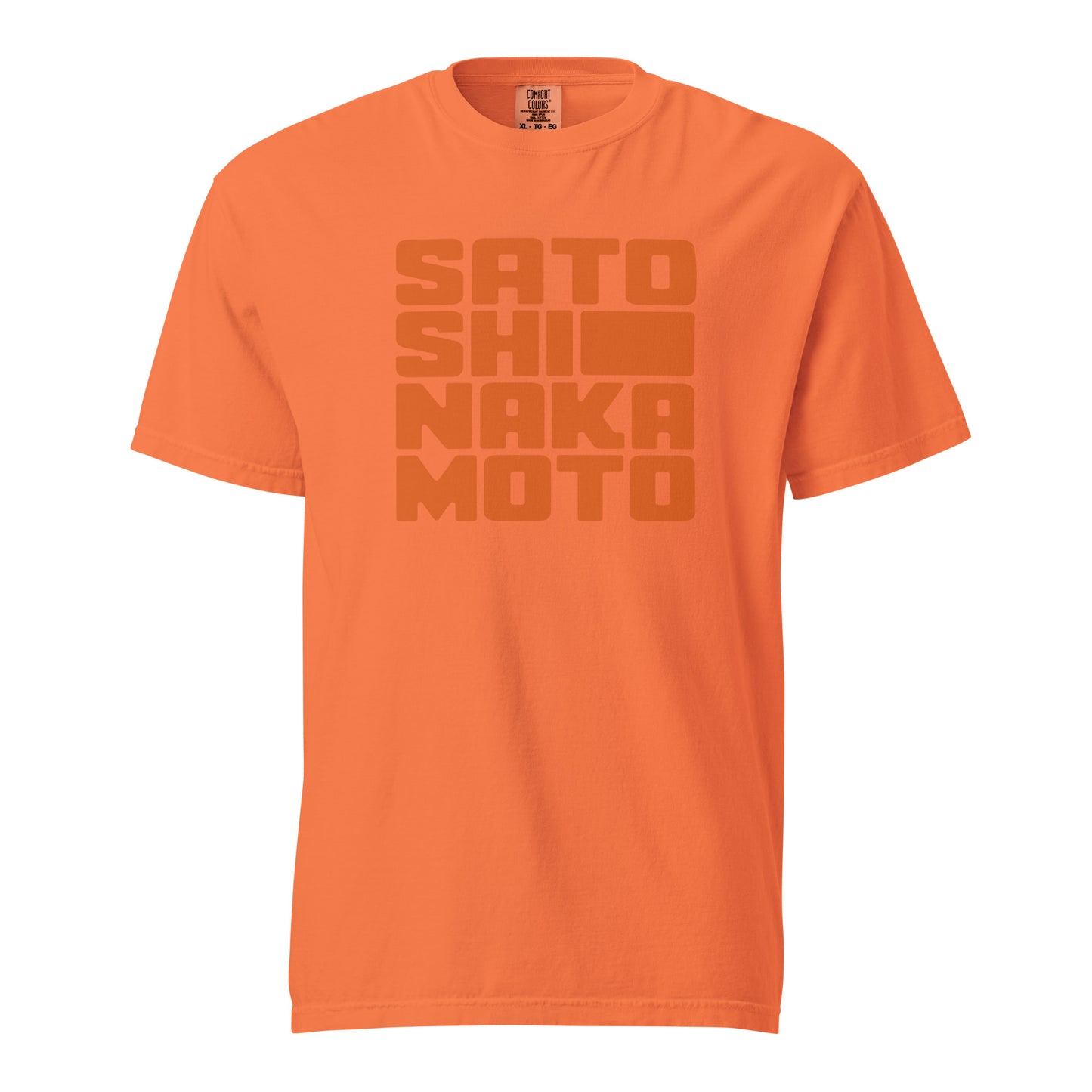 Orange t-shirt with satoshi nakamoto text on a white background