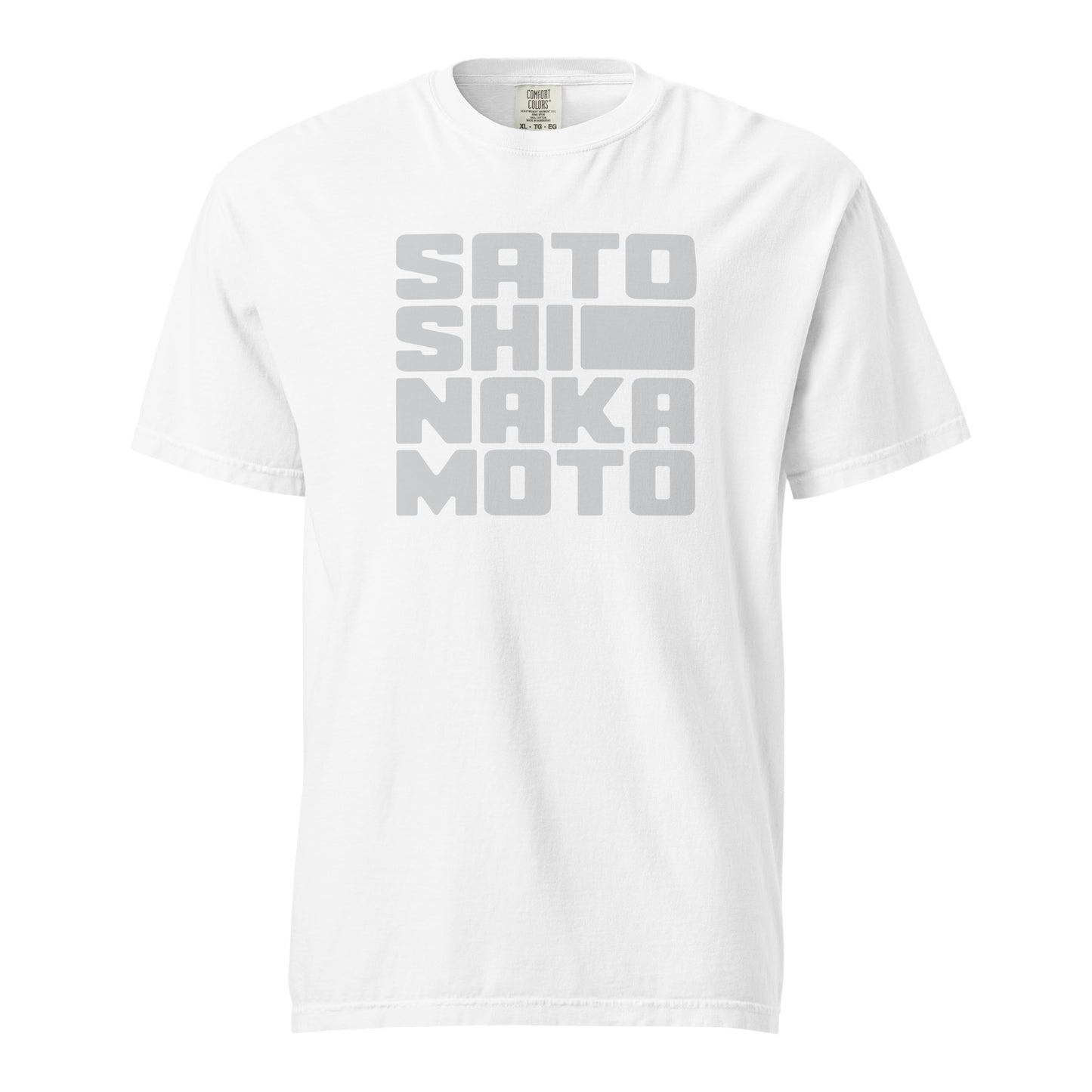 White t-shirt with 'SATOSHI NAKAMOTO' text on a white background