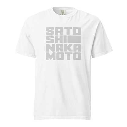 White t-shirt with 'SATOSHI NAKAMOTO' text on a white background