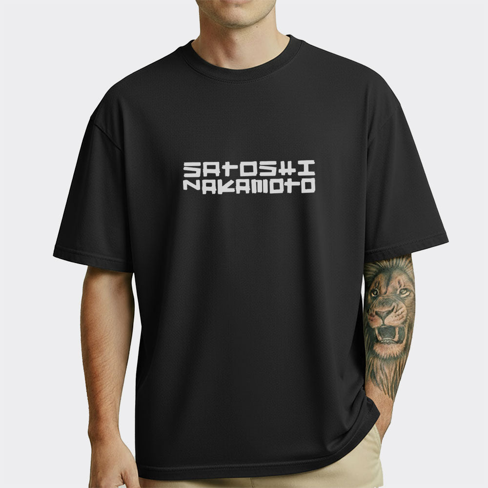 Black t-shirt with 'Satoshi Nakamoto' text worn by a person on a white background