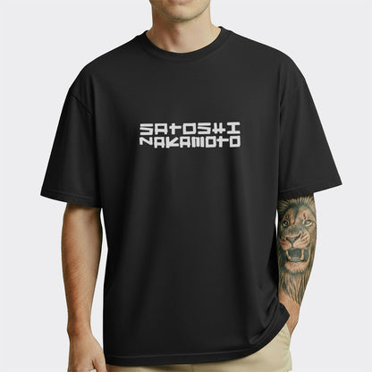 Black t-shirt with 'Satoshi Nakamoto' text worn by a person on a white background