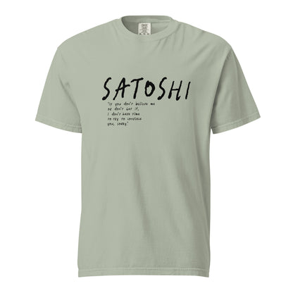 Light green t-shirt with black satoshi quote text on a white background