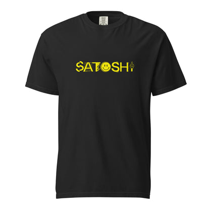 Black t-shirt with yellow 'Satoshi' text on a white background