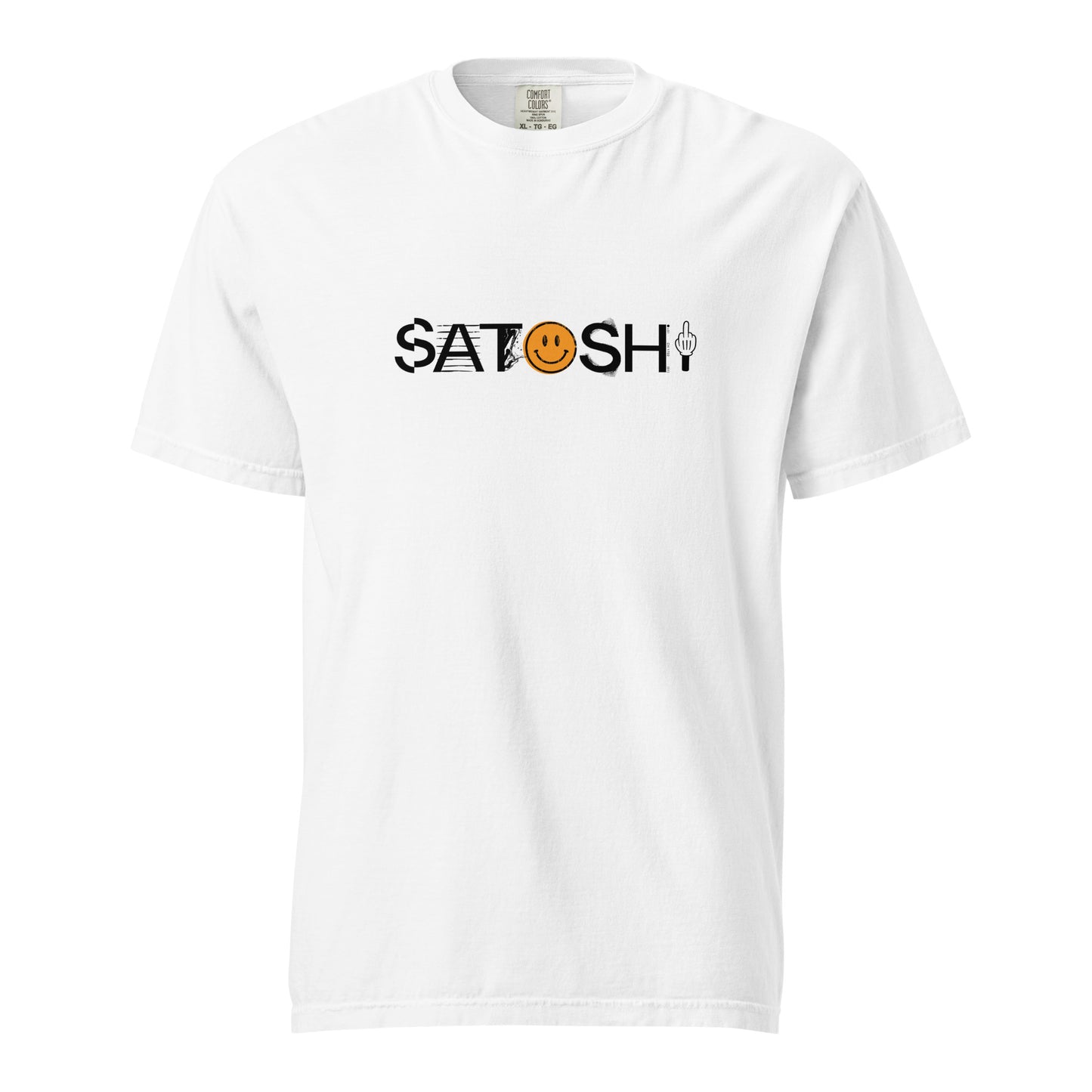 White t-shirt with 'Satoshi' graphic design on a white background