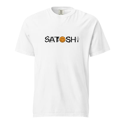 White t-shirt with 'Satoshi' graphic design on a white background