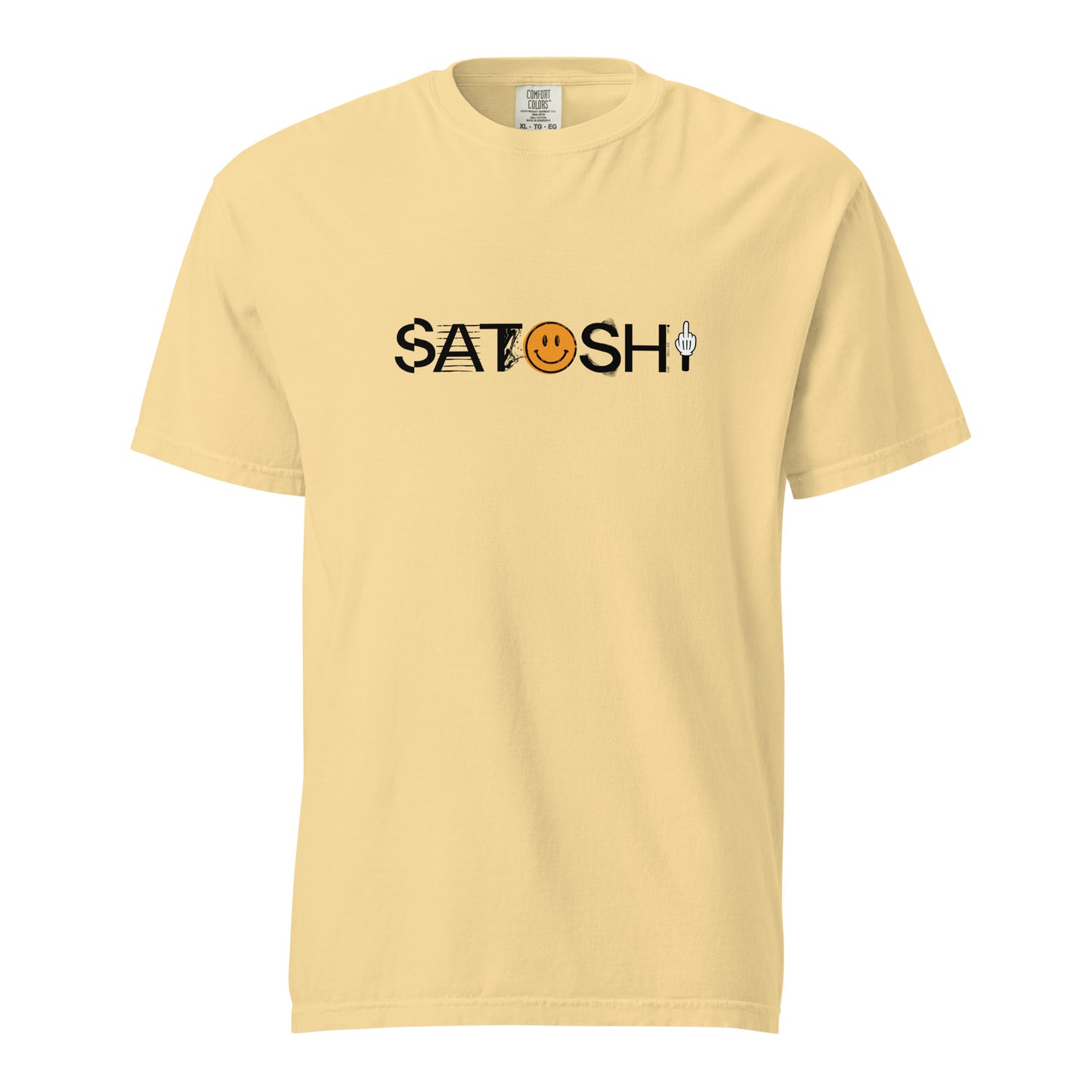 Yellow t-shirt with 'Satoshi' graphic design on a white background