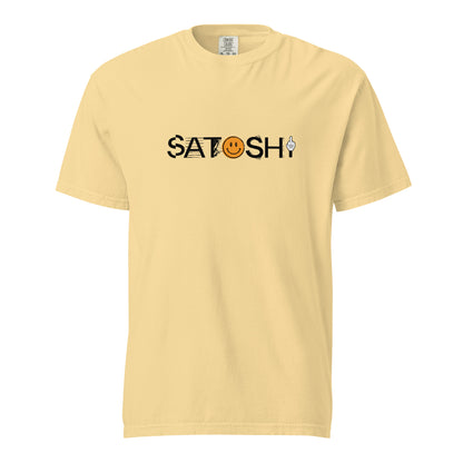 Yellow t-shirt with 'Satoshi' graphic design on a white background