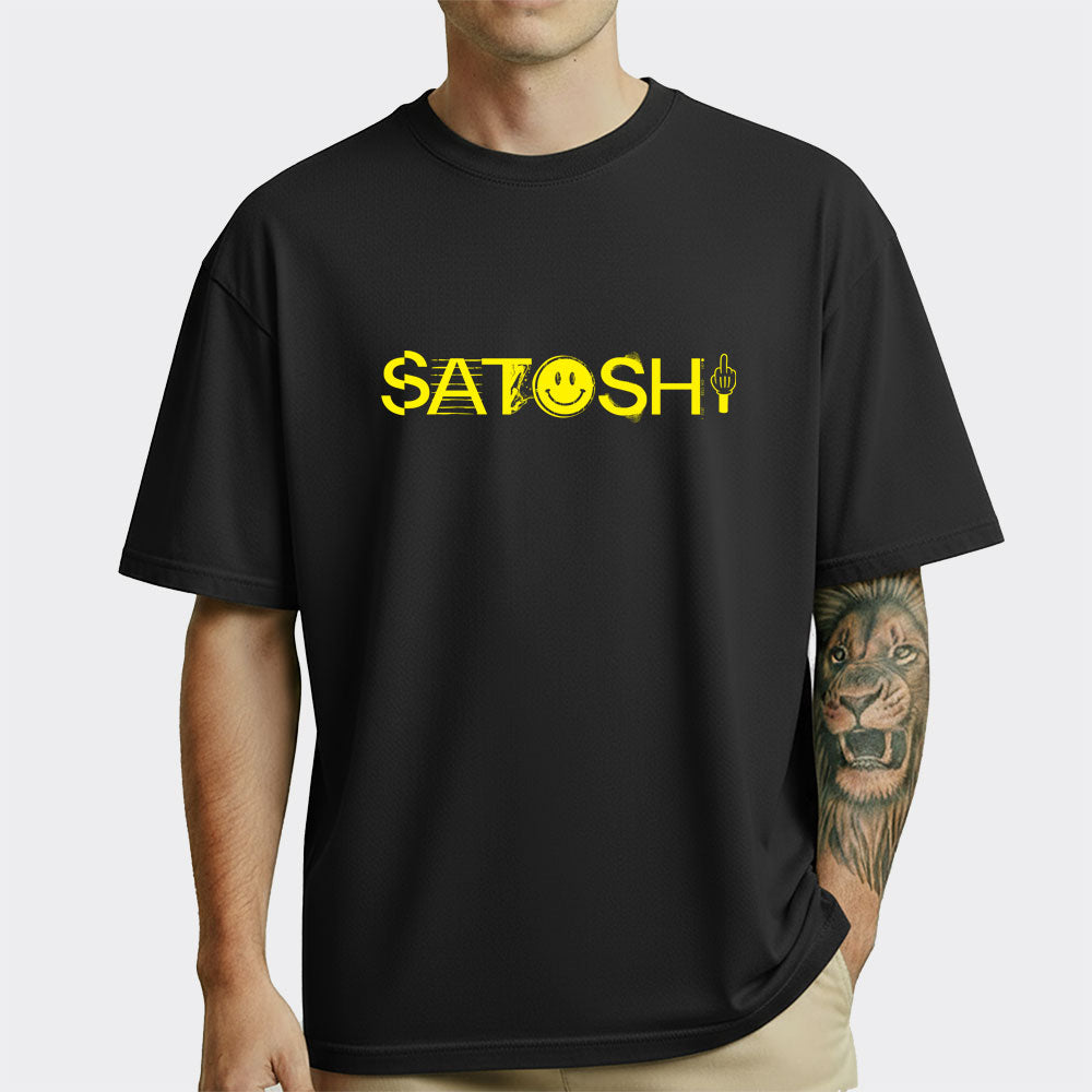Black t-shirt with yellow 'Satoshi' text worn by a person on a white background
