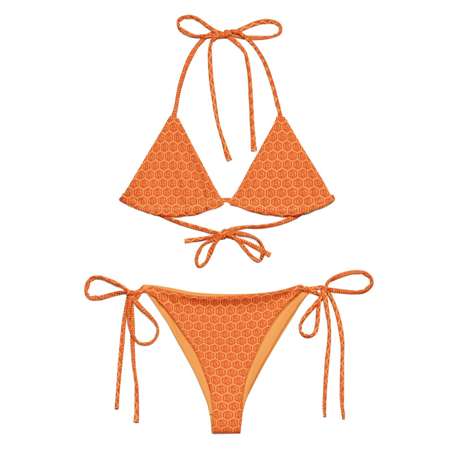 Orange bikini set with geometric orange bitcoin pattern on a white background