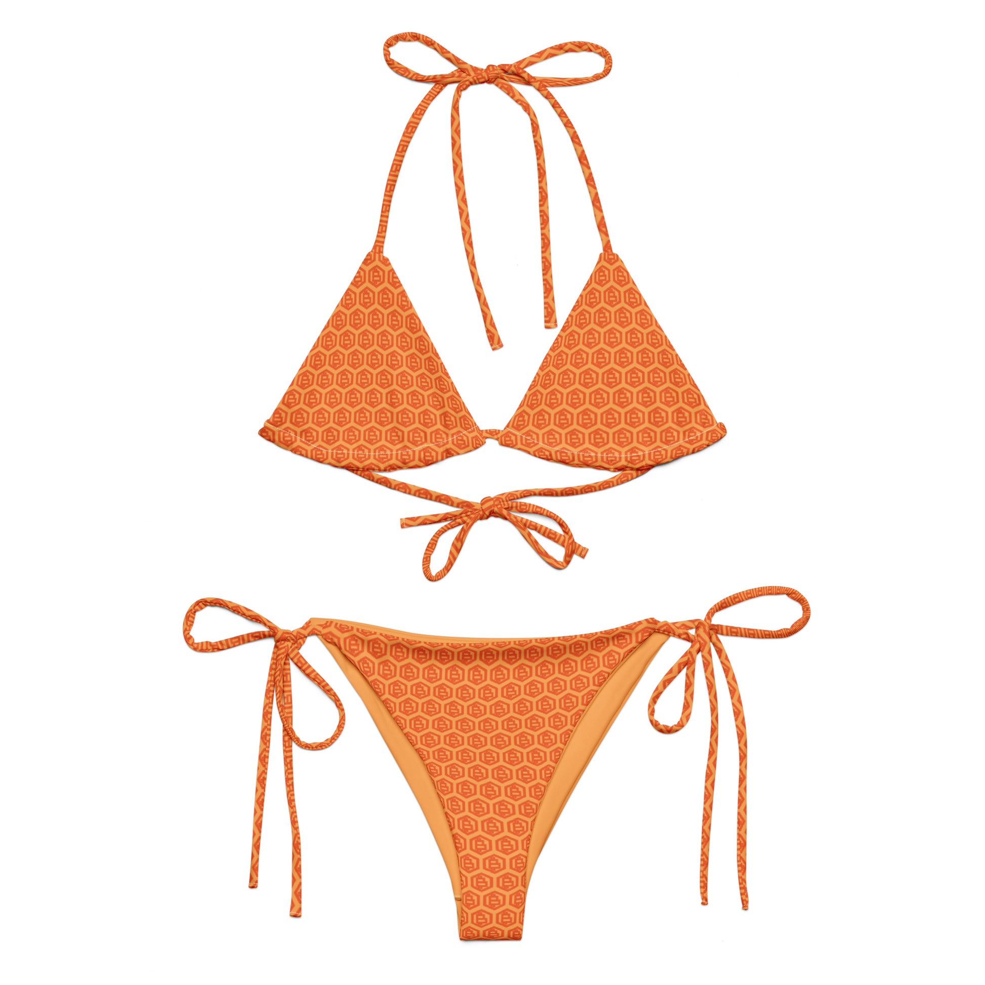 Orange bikini set with geometric orange bitcoin pattern on a white background