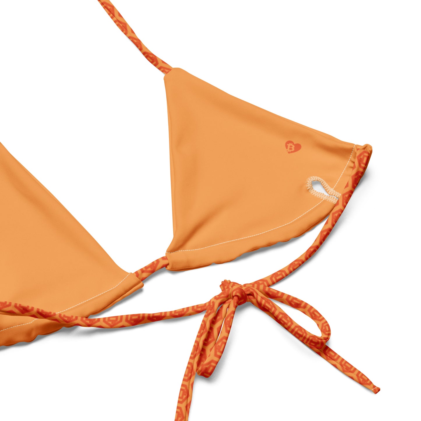 Orange bitcoin hex bikini top with tie detail on a white background