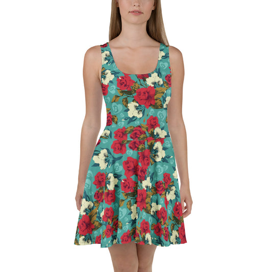 Woman wearing a floral dress with red and white flowers and bitcoin hearts on a turquoise background