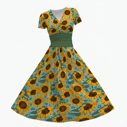 Bitcoin Sunflowers Women's Short Sleeve V Neck Midi Dress