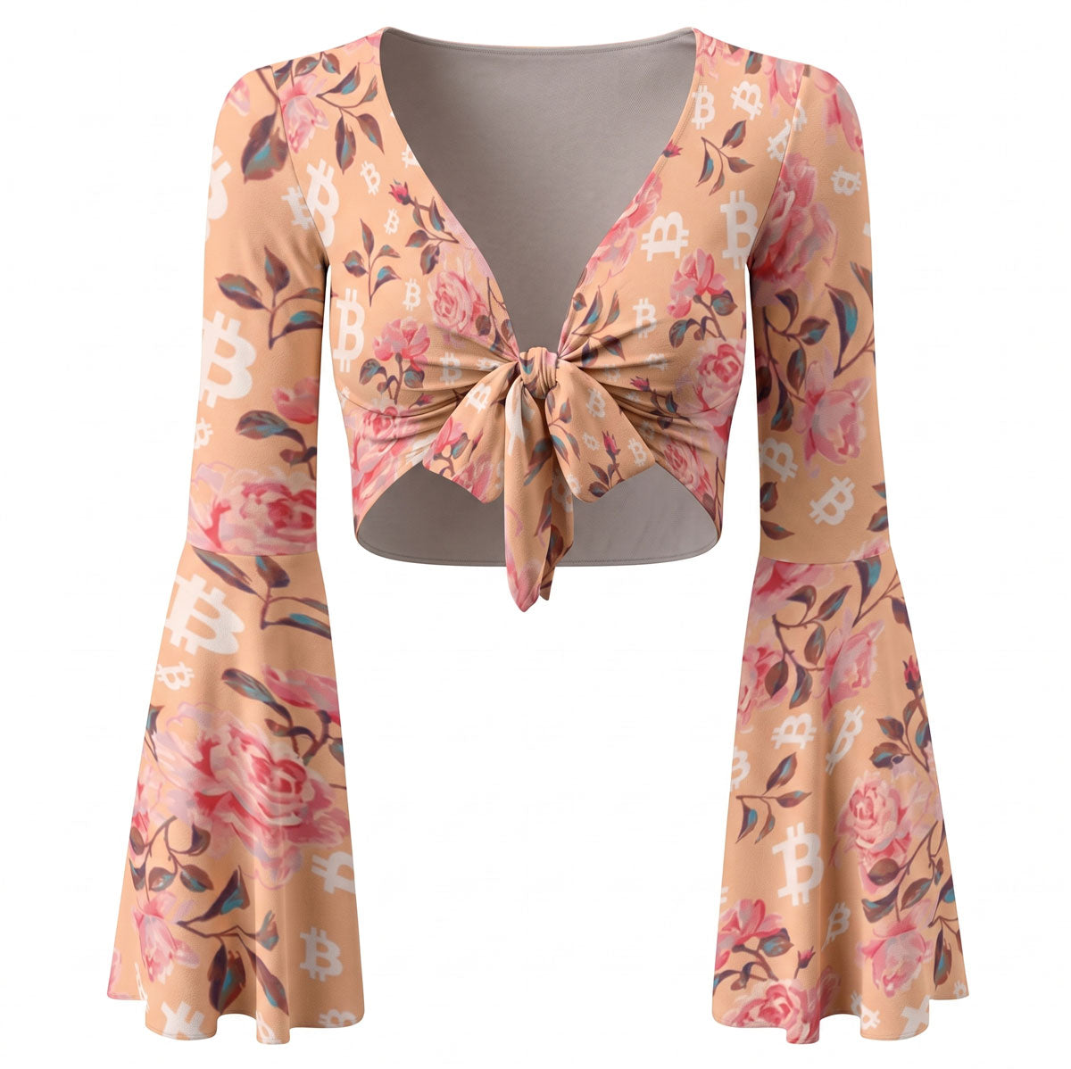 Stack Roses Women's Flared Sleeve Tie-Front Crop Top