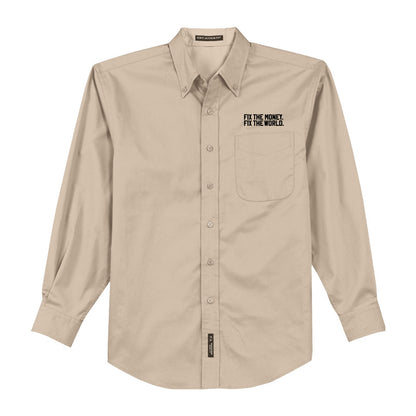 Arregla el dinero. Arregla el mundo. Hecho. Camisa de manga larga con cuello.