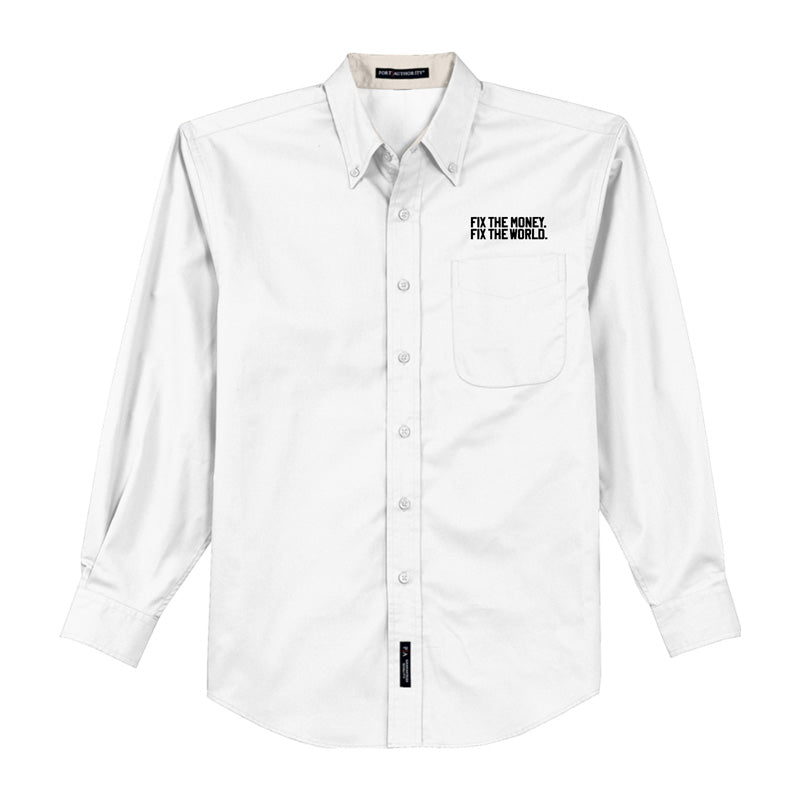 Arregla el dinero. Arregla el mundo. Hecho. Camisa de manga larga con cuello.