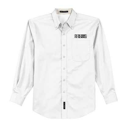 Arregla el dinero. Arregla el mundo. Hecho. Camisa de manga larga con cuello.