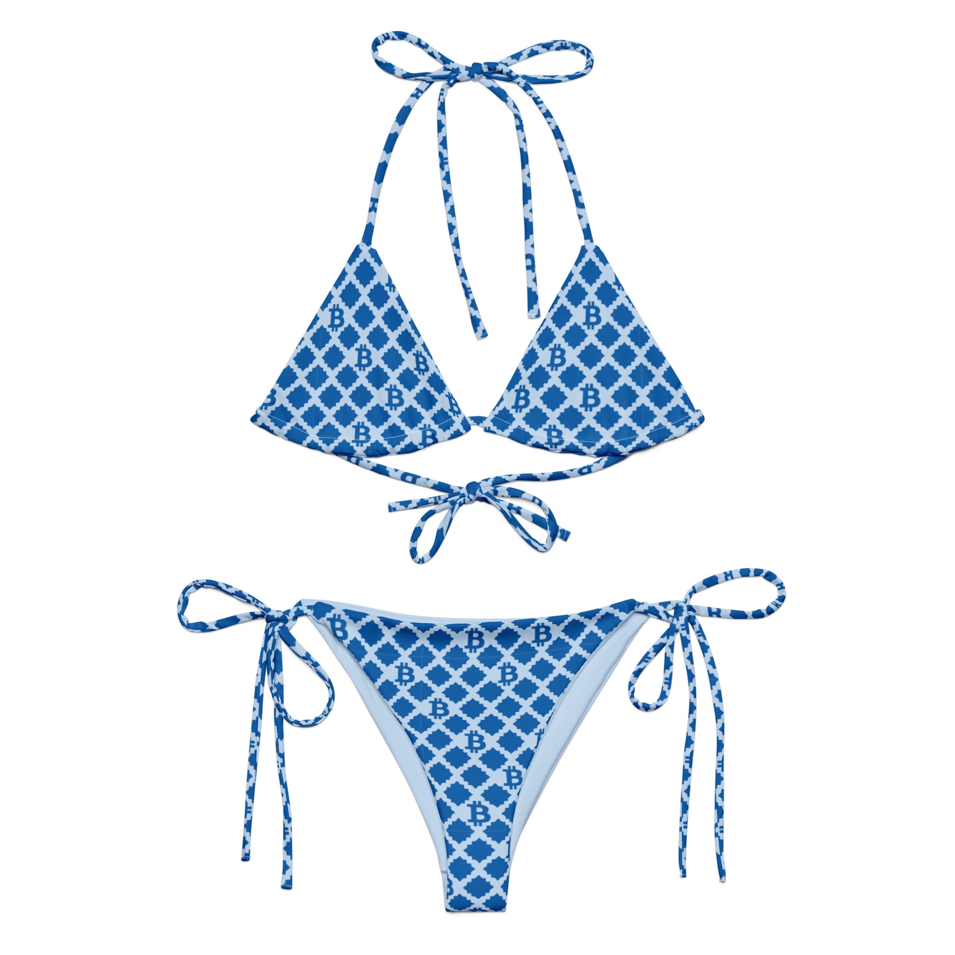 Blue bitcoin patterned bikini set on a white background