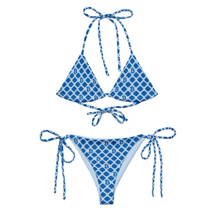 Blue bitcoin patterned bikini set on a white background