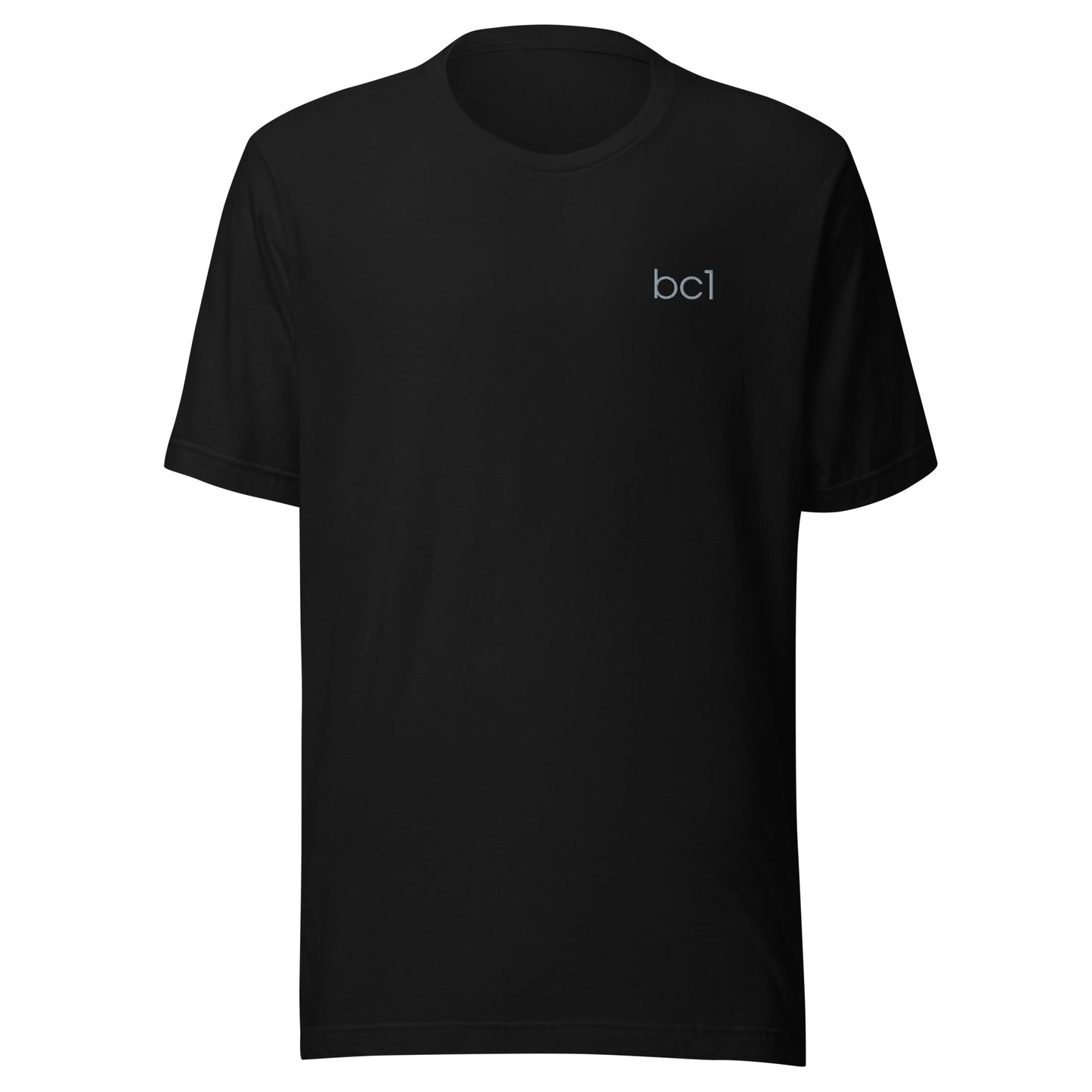Black t-shirt with a bc1 logo on the chest against a white background
