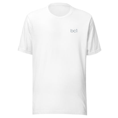 White t-shirt with 'bc1' logo on a white background