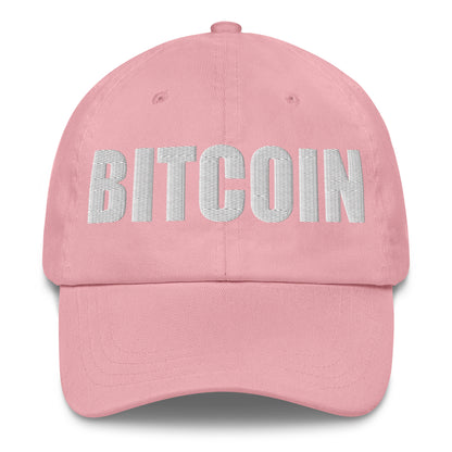 Pink cap with 'BITCOIN' text on a white background