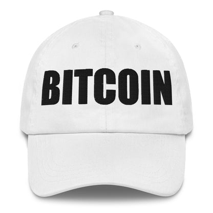 White cap with 'BITCOIN' printed in black on a white background