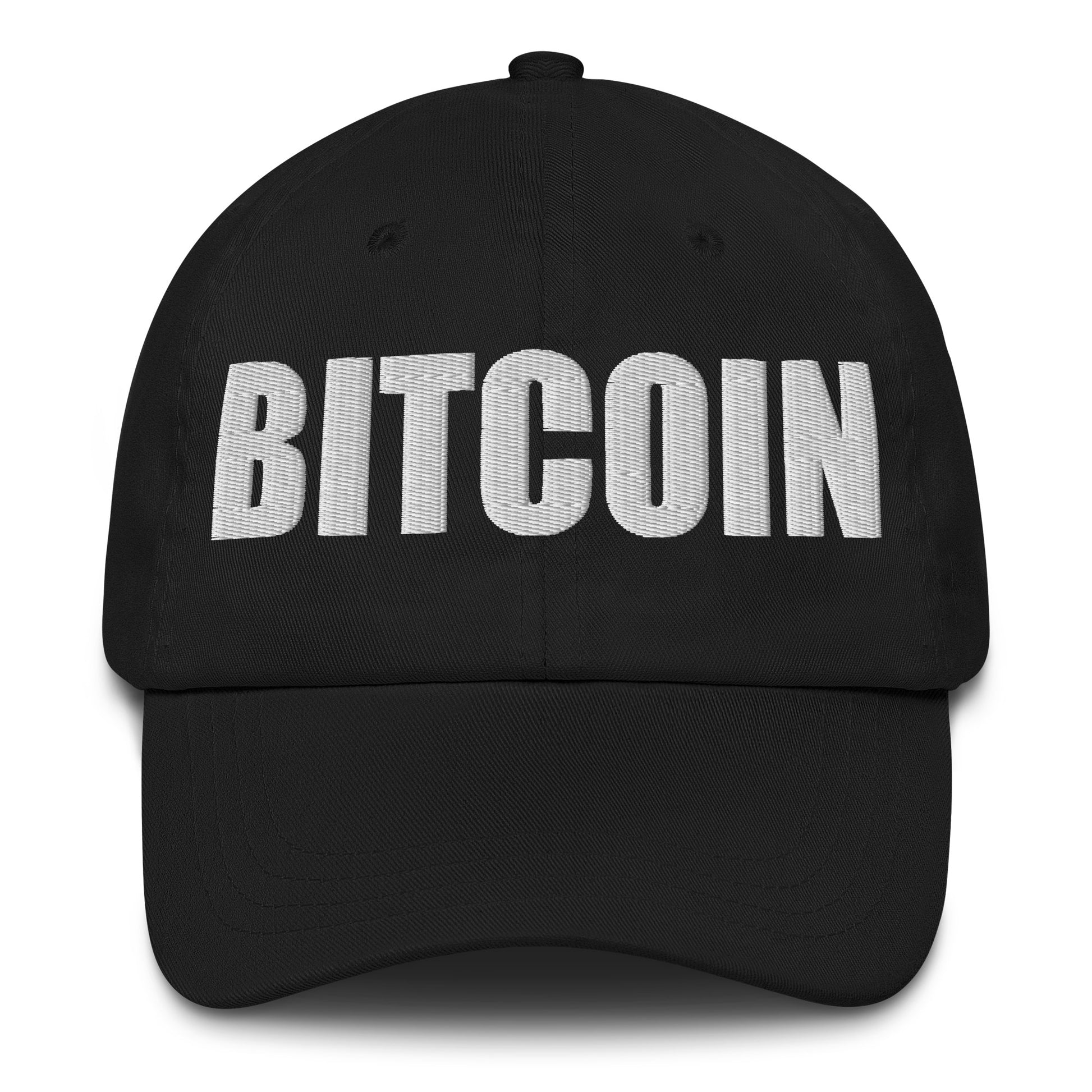 black cap with big 'BITCOIN' embroidered on a white background