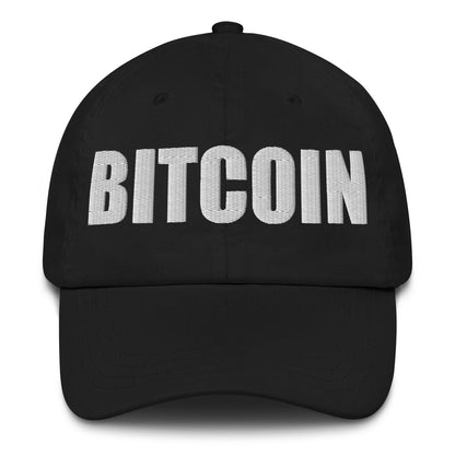 black cap with big 'BITCOIN' embroidered on a white background