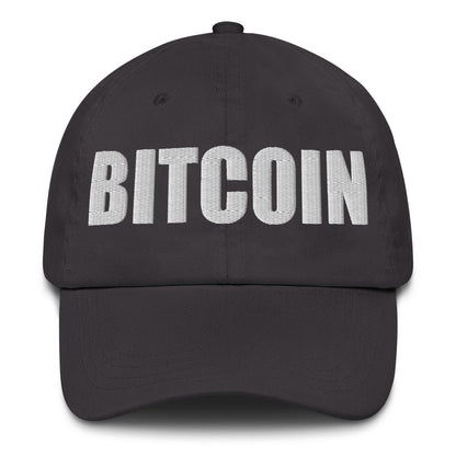 grey cap with 'BITCOIN' embroidered on it against a white background