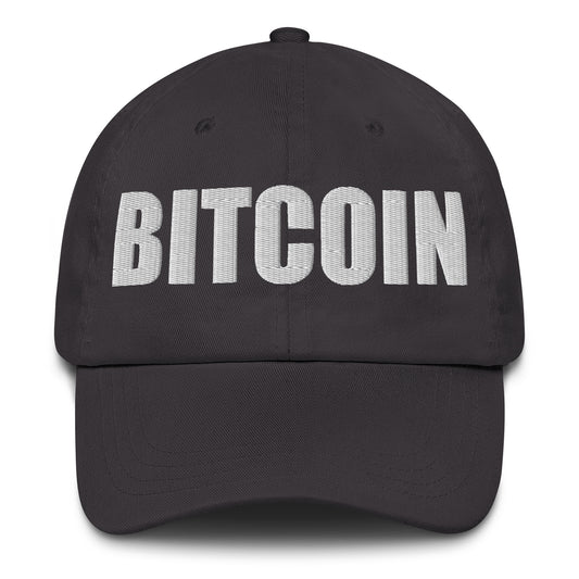 grey cap with 'BITCOIN' embroidered on it against a white background