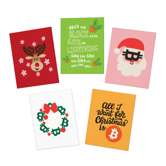 Set of five bitcoin Christmas-themed cards with different designs on a white background