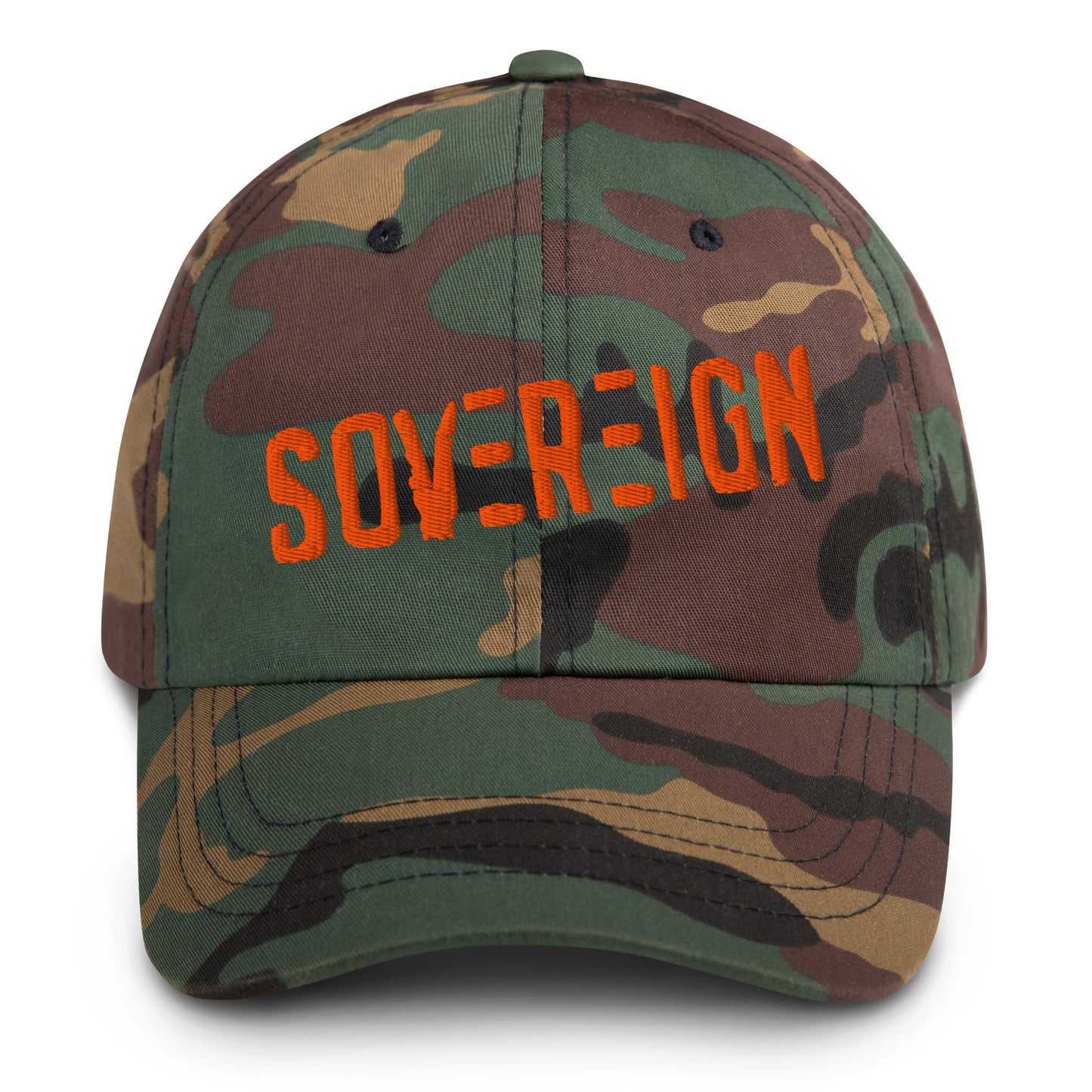 Camouflage cap with 'SOVEREIGN' in orange on a white background
