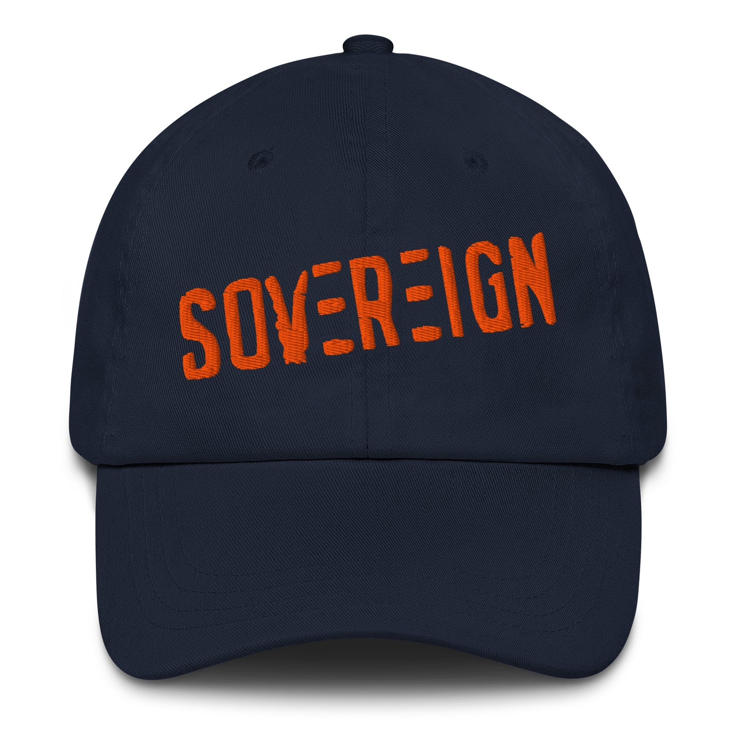 Navy blue cap with 'SOVEREIGN' in orange on a white background