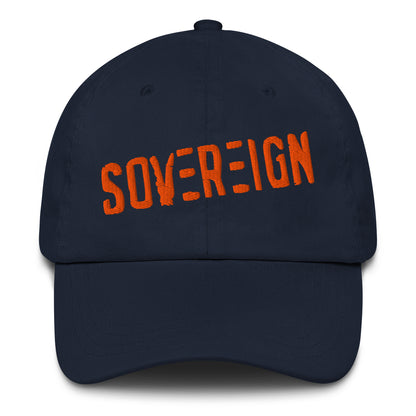 Navy blue cap with 'SOVEREIGN' in orange on a white background